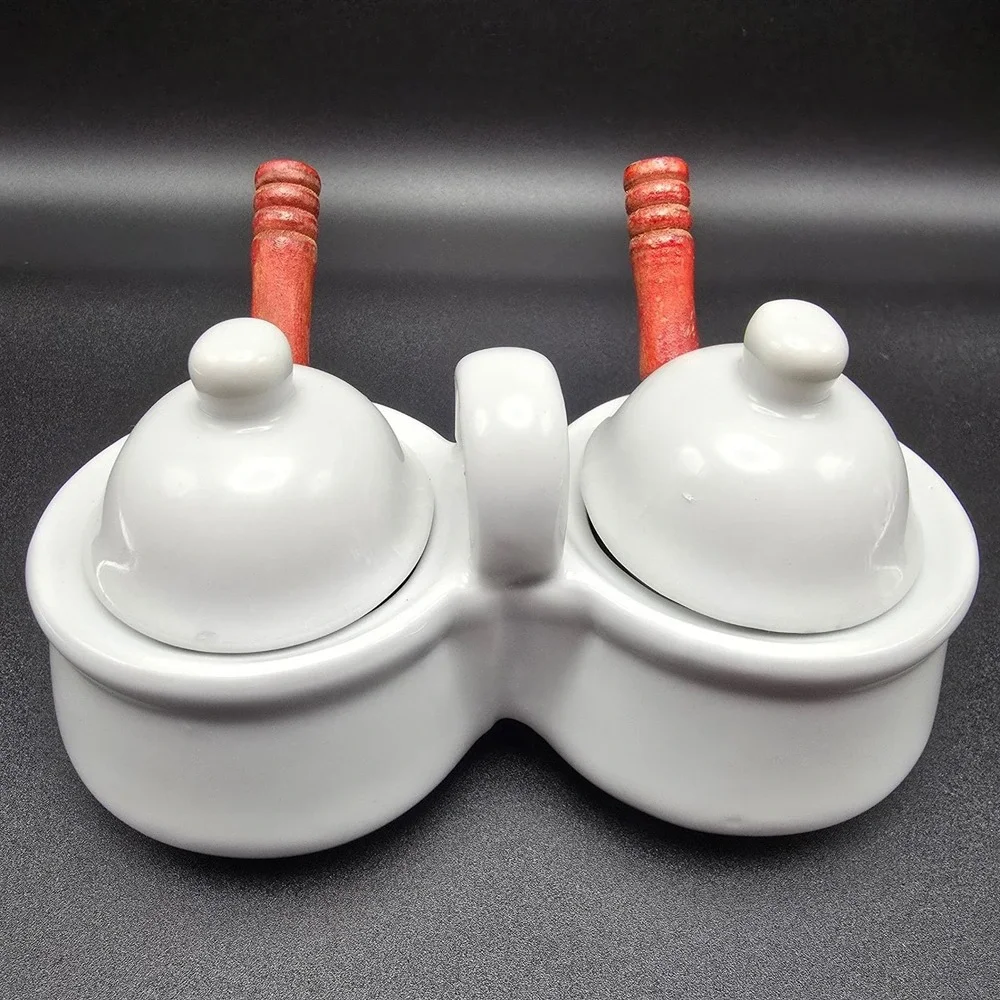 Houston Harvest HH Double Ceramic Condiment Server‎ Dish with Spoons White